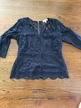 Nanette Lepore Navy Lace V-Neck Peplum Blouse